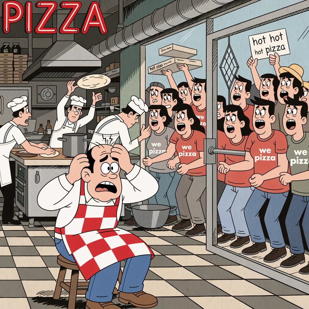 Pasquale is pulling his few remaining hairs out over a disaster at the pizzeria - the cooks are working as fast as they can but the crowds outside are swelling and they demand hot hot pizza! They are banging on the glass and some are wearing "we want pizza" shirts. 1980s western TV animation style.
