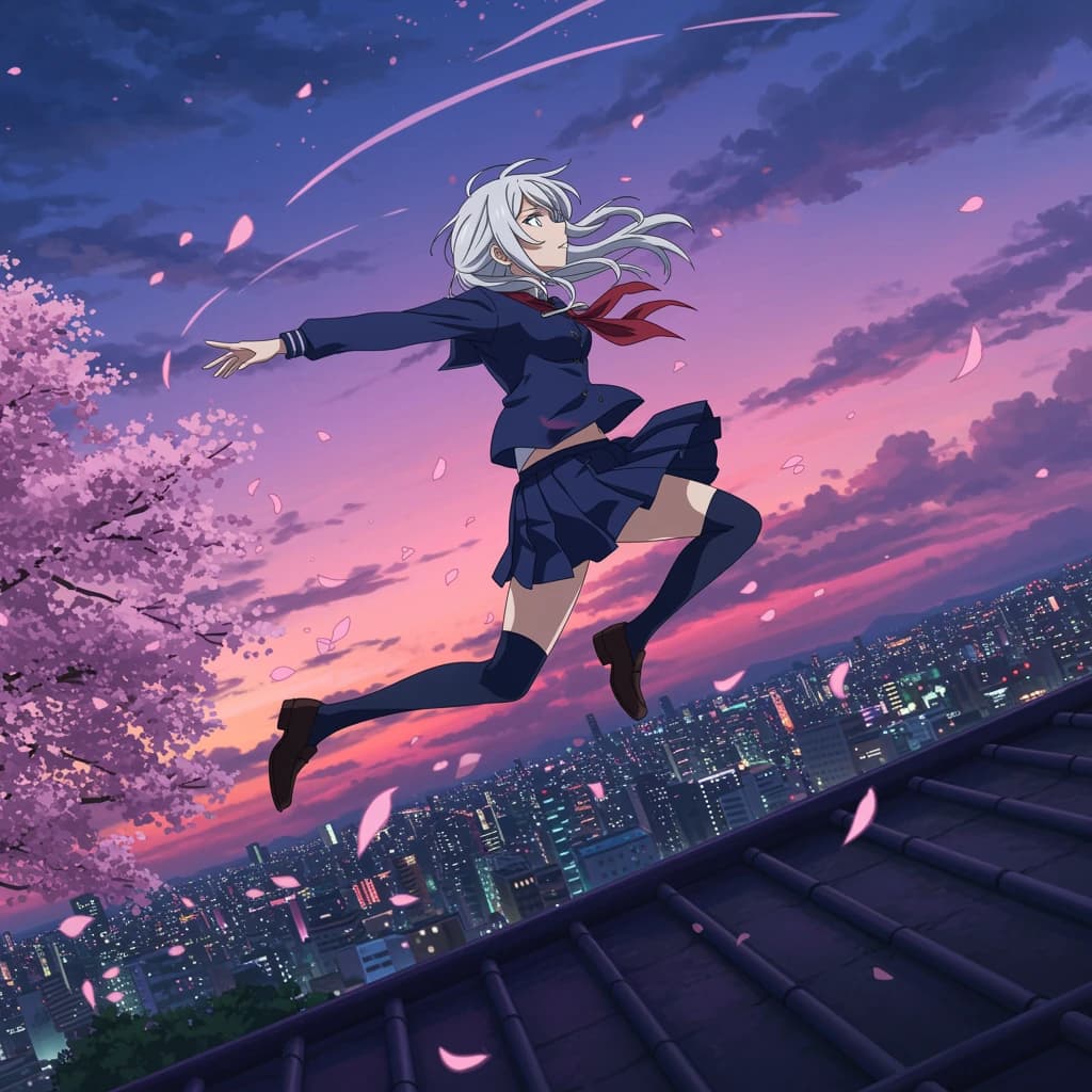 Wind-swept rooftop at dusk, a silver-haired swordswoman in a navy school uniform leaps, luminous eyes, cel shading, cherry blossoms swirl, neon city, dynamic angle, speed lines.