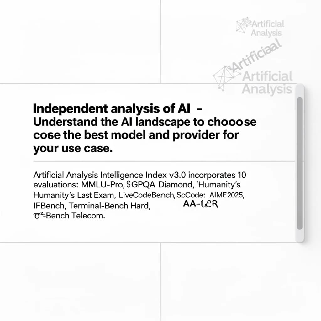 On a white dashboard with thin gray dividers, place a centered header in Helvetica Neue Bold, 20pt: “Independent analysis of AI - Understand the AI landscape to choose the best model and provider for your use case.” Directly beneath, a subheader in smaller Regular weight, 14pt: “Artificial Analysis Intelligence Index v3.0 incorporates 10 evaluations: MMLU-Pro, GPQA Diamond, Humanity's Last Exam, LiveCodeBench, SciCode, AIME 2025, IFBench, AA-LCR, Terminal-Bench Hard, 𝜏²-Bench Telecom.” The header is fully justified but the subheader is left-aligned. In the upper right corner, the Artificial Analysis logo appears watermarked, diagonal, faint gray, partially overlapping the scrollbar.