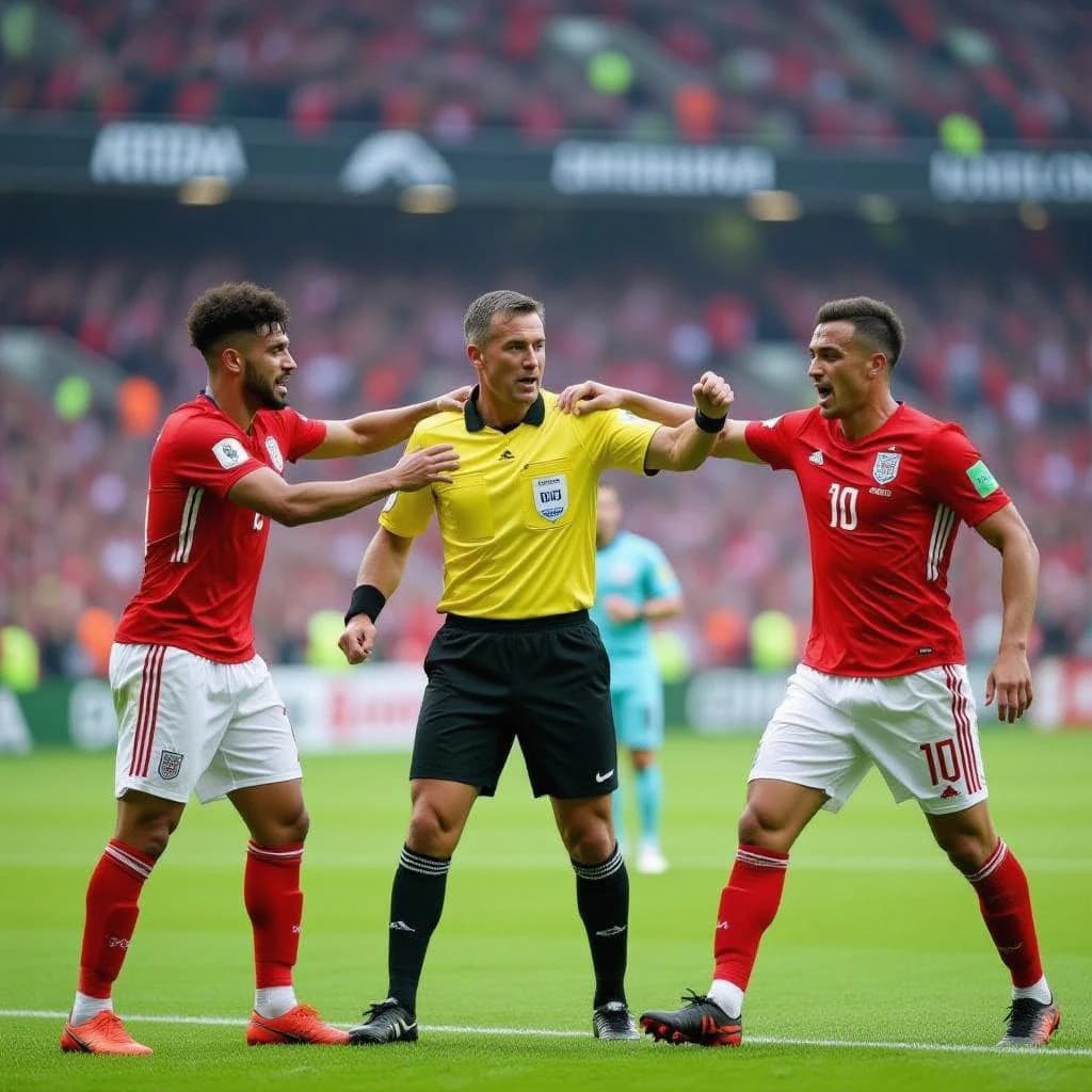 The soccer player clashes with the ref. It is thick and humid and the heat is getting to the players. His friend tries to pull him off before he causes any more trouble.
