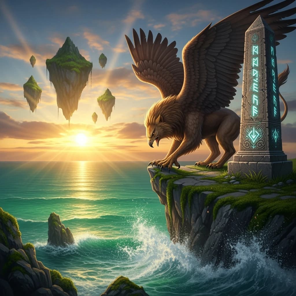 At dawn, a winged griffin lands on a mossy cliff above a jade sea beside a runed obelisk; floating isles drift under golden sunbeams, with a bit of sea spray and glowing runes.