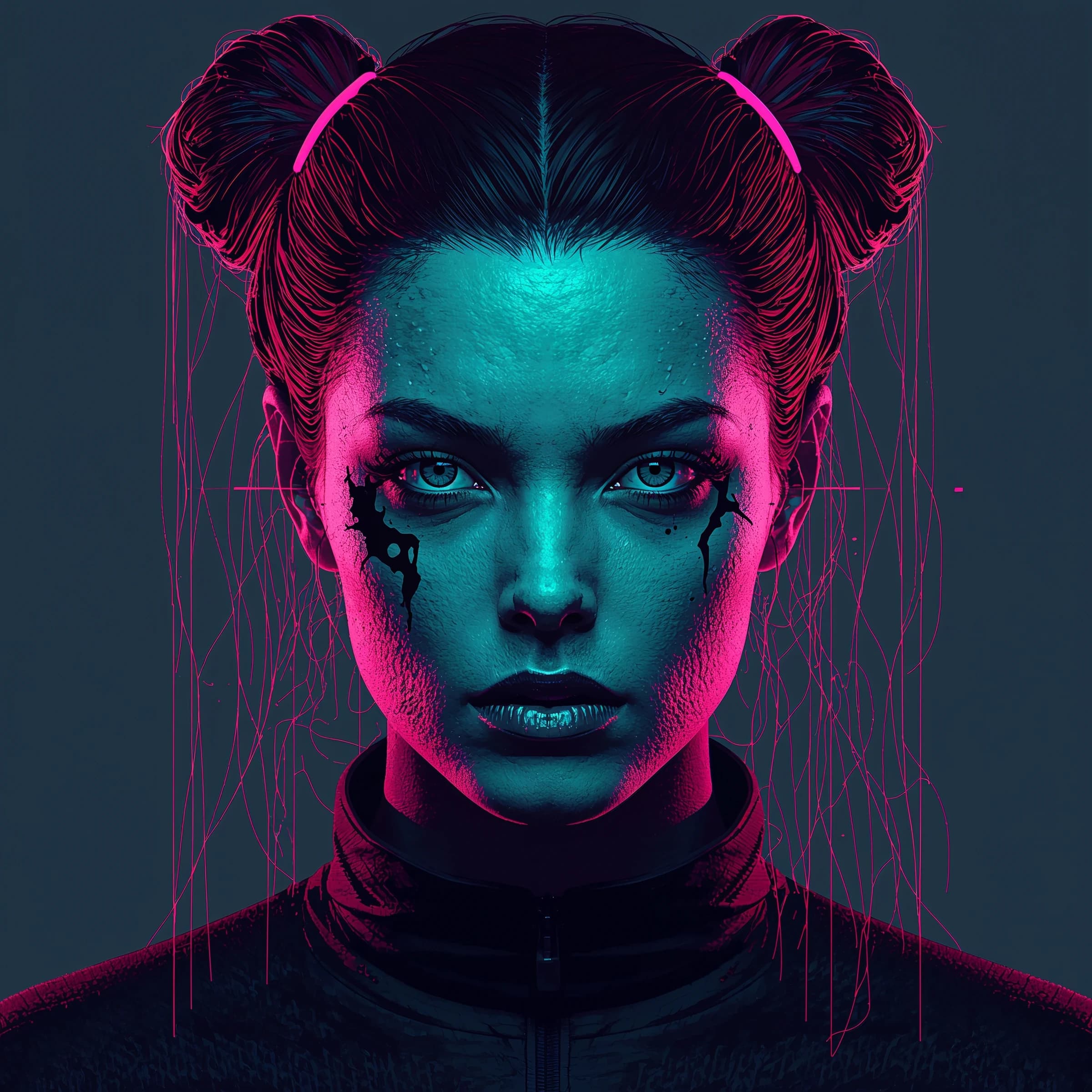 Render a stark 3D portrait of a stern woman, neon accents and vector overlays.