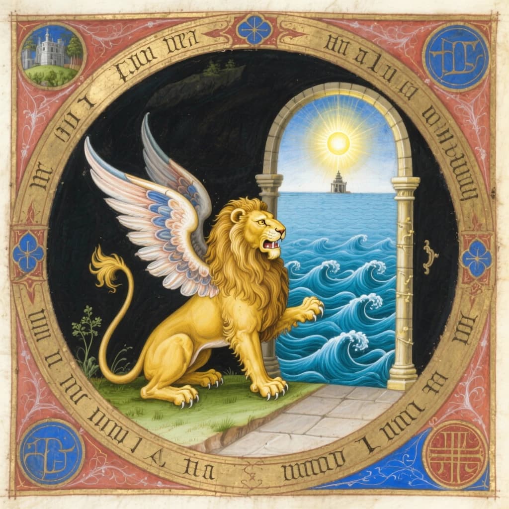 Paint an illuminated manuscript scene of a winged lion guarding a sea gate.