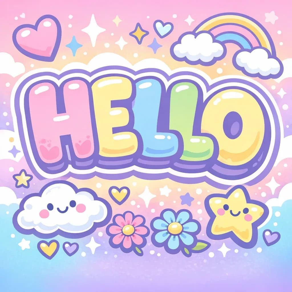 Make a bold bubble-letter poster that says HELLO, pastel palette, thick outline.