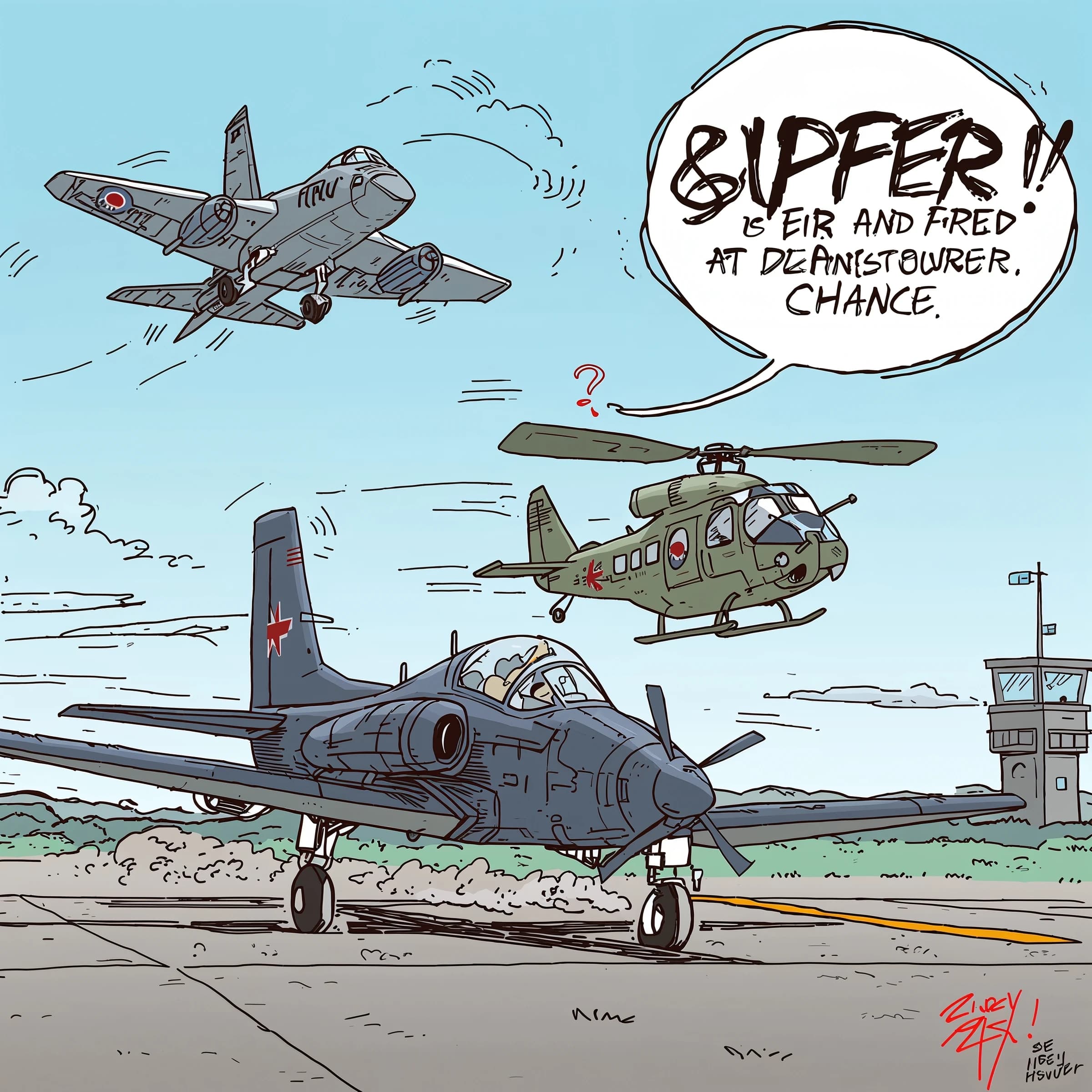 Almost at the runway, Fred the Fighter Jet is racing with Barry the Bomber to see who lands first. Fred has a mischievous trick up his sleeve but Hermione the Helicopter is going to stop him before he gets the chance. The control tower is very angry and has a big exclamation mark. Hand drawn cel look