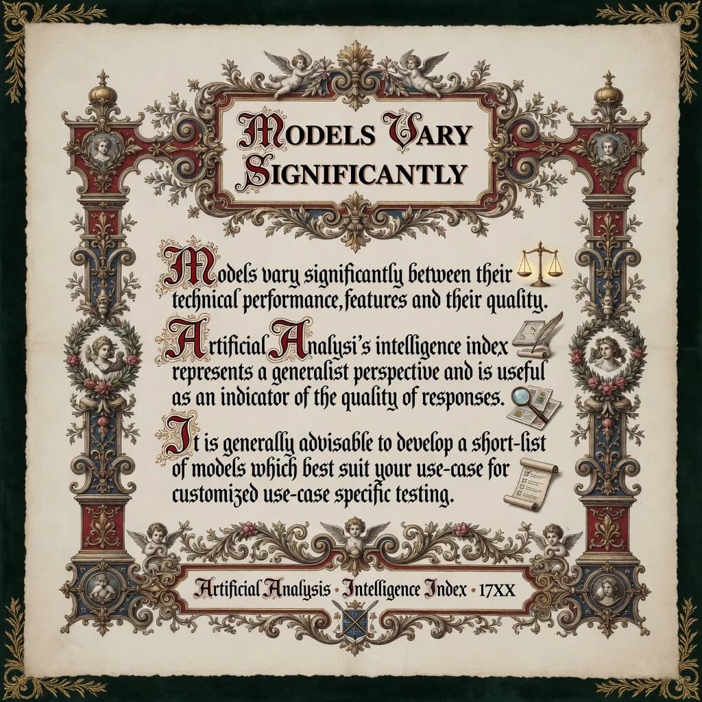 On a flat layout, write in an ornate baroque style "Models vary significantly between their technical performance, features and their quality. Artificial Analysis's intelligence index represents a generalist perspective and is useful as an indicator of the quality of responses. It is generally advisable to develop a short-list of models which best suit your use-case for customized use-case specific testing. "