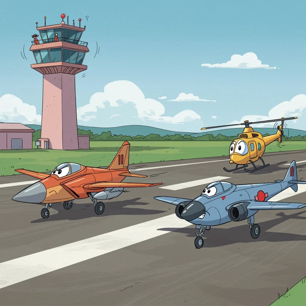 Almost at the runway, Fred the Fighter Jet is racing with Barry the Bomber to see who lands first. Fred has a mischievous trick up his sleeve but Hermione the Helicopter is going to stop him before he gets the chance. The control tower is very angry and has a big exclamation mark. Hand drawn cel look