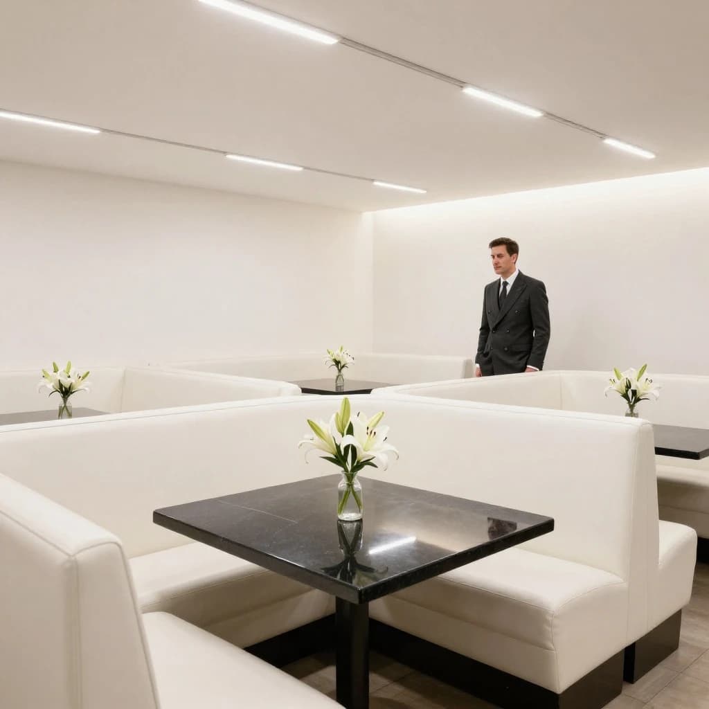 The place is almost empty. The banquettes are covered in white leather, the tables black granite, and the entire room is bathed in halogen track lighting that seems too bright. The maître d’ wears a double-breasted wool crepe jacket. There are lilies on every table.