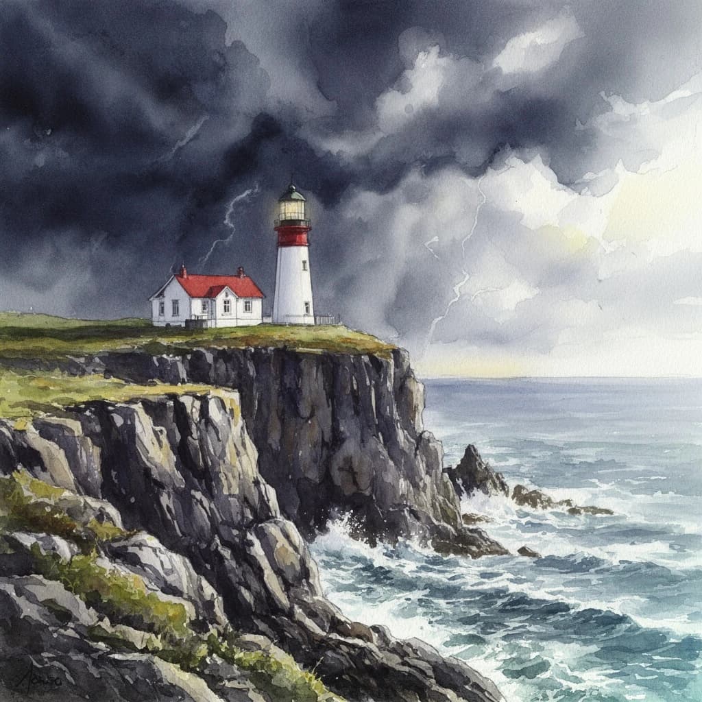 Please paint a watercolor of stormy cliffs and a lighthouse, moody sky.