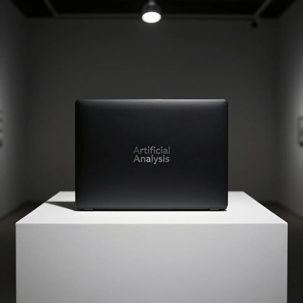 A premium matte black laptop-sized box rests on a pure white pedestal within a gallery space. Overhead, a single spotlight carves sharp contrast, leaving the edges in deep shadow. The brand name Artificial Analysis is embossed in silver foil, glinting faintly as though it were jewelry.