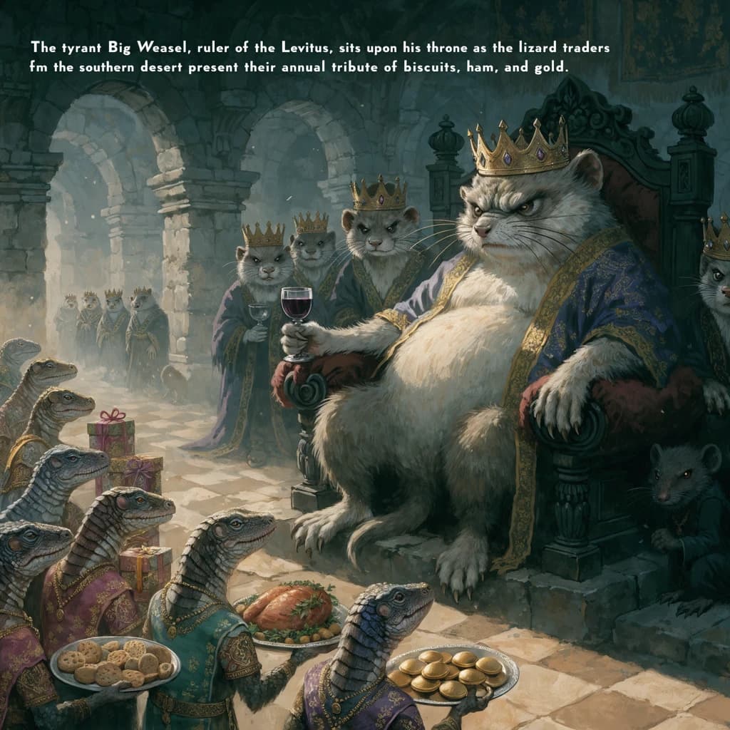 Big Weasel, the tyrannical ruler of the Levitus, slouches on his throne, his mood foul but somewhat brightened by the sight of gifts - a wearisome group of lizard traders adorned in fine silks proceed toward him through the hall with their annual tribute of biscuits, ham and gold - Big Weasel's favourites. Big Weasel's entourage looks on with stern approval.