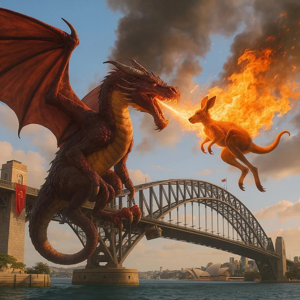 A dragon breathes fire at a kangaroo that is running away by climbing over the top of the Sydney Harbour Bridge. Opera House visible in the background.