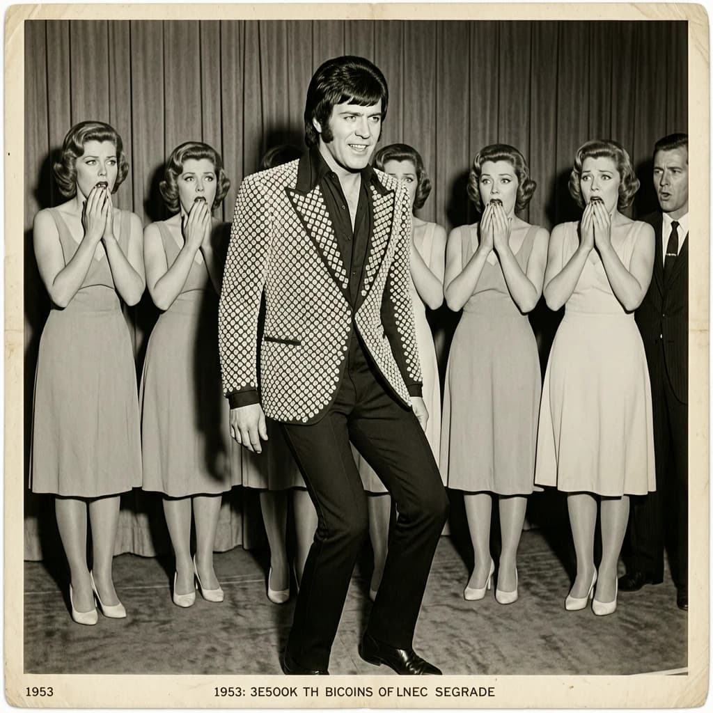 An archival image from 1953 of the rock singer swinging his hips on the stage while glamorous back up singers feign shock at his gyrations! He wears a diamond encrusted jacket with the stones arranged in the shape of a heart