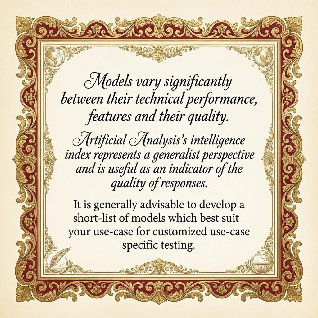 On a flat layout, write in an ornate baroque style "Models vary significantly between their technical performance, features and their quality. Artificial Analysis's intelligence index represents a generalist perspective and is useful as an indicator of the quality of responses. It is generally advisable to develop a short-list of models which best suit your use-case for customized use-case specific testing. "
