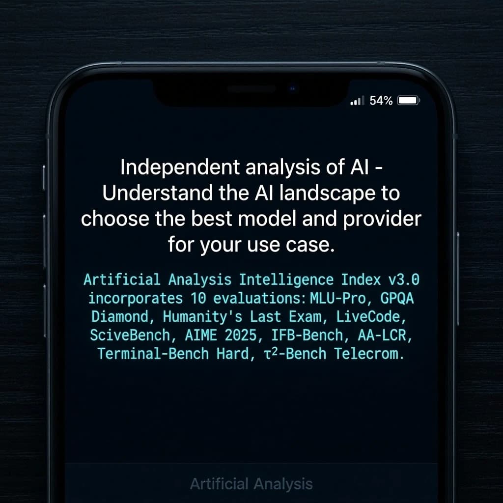 On a black smartphone UI with rounded corners, display a centered text block in white San Francisco font, 16pt: “Independent analysis of AI - Understand the AI landscape to choose the best model and provider for your use case.” Below, in neon cyan, monospace font, smaller size: “Artificial Analysis Intelligence Index v3.0 incorporates 10 evaluations: MMLU-Pro, GPQA Diamond, Humanity's Last Exam, LiveCodeBench, SciCode, AIME 2025, IFBench, AA-LCR, Terminal-Bench Hard, 𝜏²-Bench Telecom.” The second block scrolls horizontally as a ticker. The battery icon in the status bar shows 54%. The Artificial Analysis logo appears faintly, embossed into the bottom navigation bar.