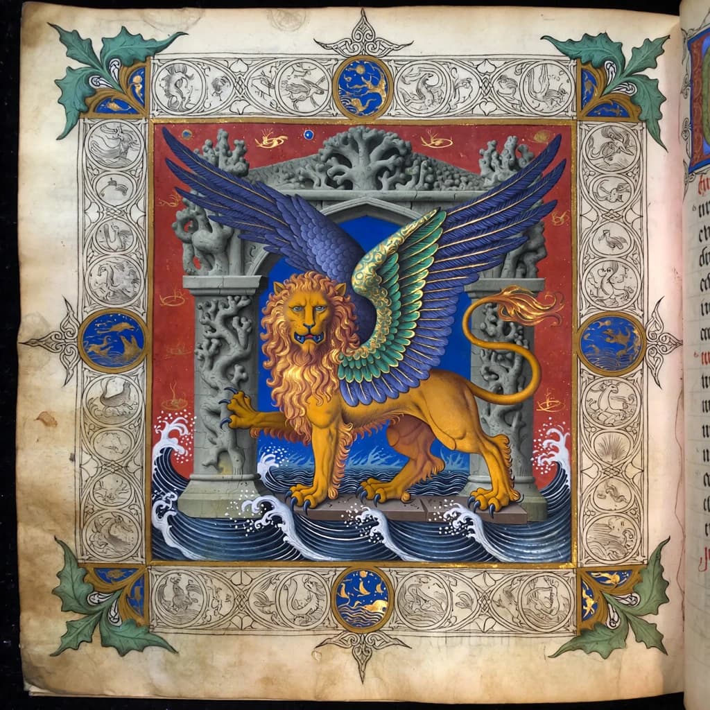 Paint an illuminated manuscript scene of a winged lion guarding a sea gate.