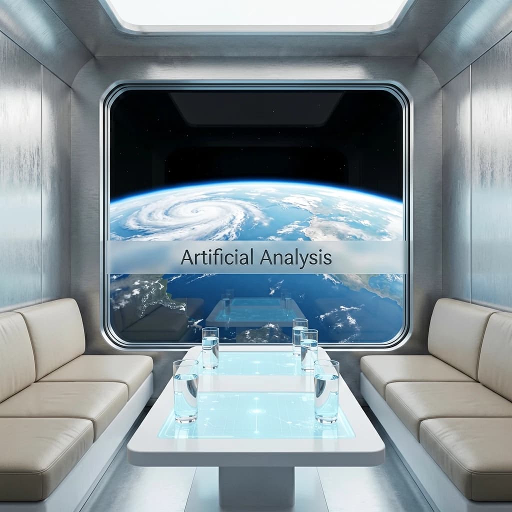 The orbital lounge has brushed aluminum walls and pale leather banquettes. Low white tables are inset with glowing touchscreens. Drinks are clear, flavorless, in tall unmarked glasses. The viewport is floor-to-ceiling, showing Earth moving slowly beneath. The word Artificial Analysis is etched discreetly on the glass in a frosted band.