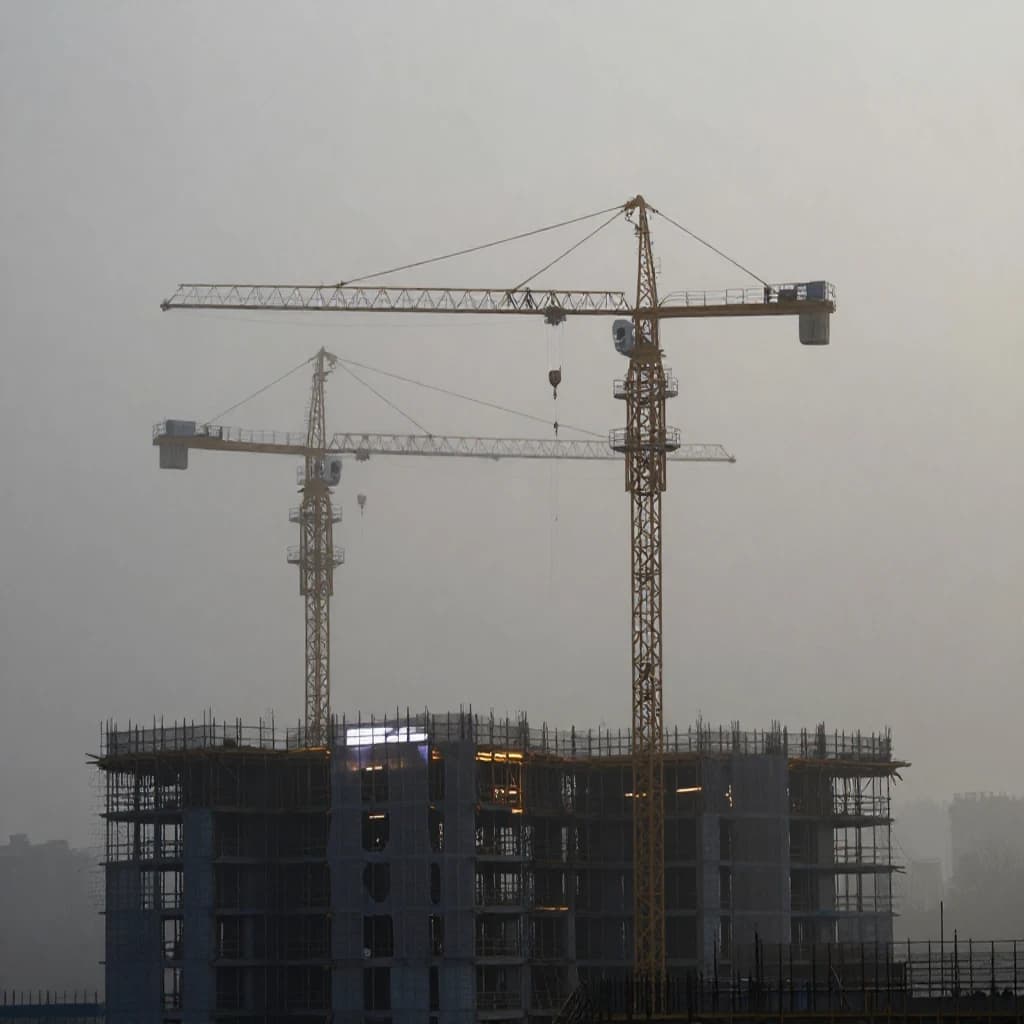 A construction site stretched upward into fog, cranes frozen in silhouette. Wind rattled scaffolding draped with torn mesh that glowed faintly from nearby billboards