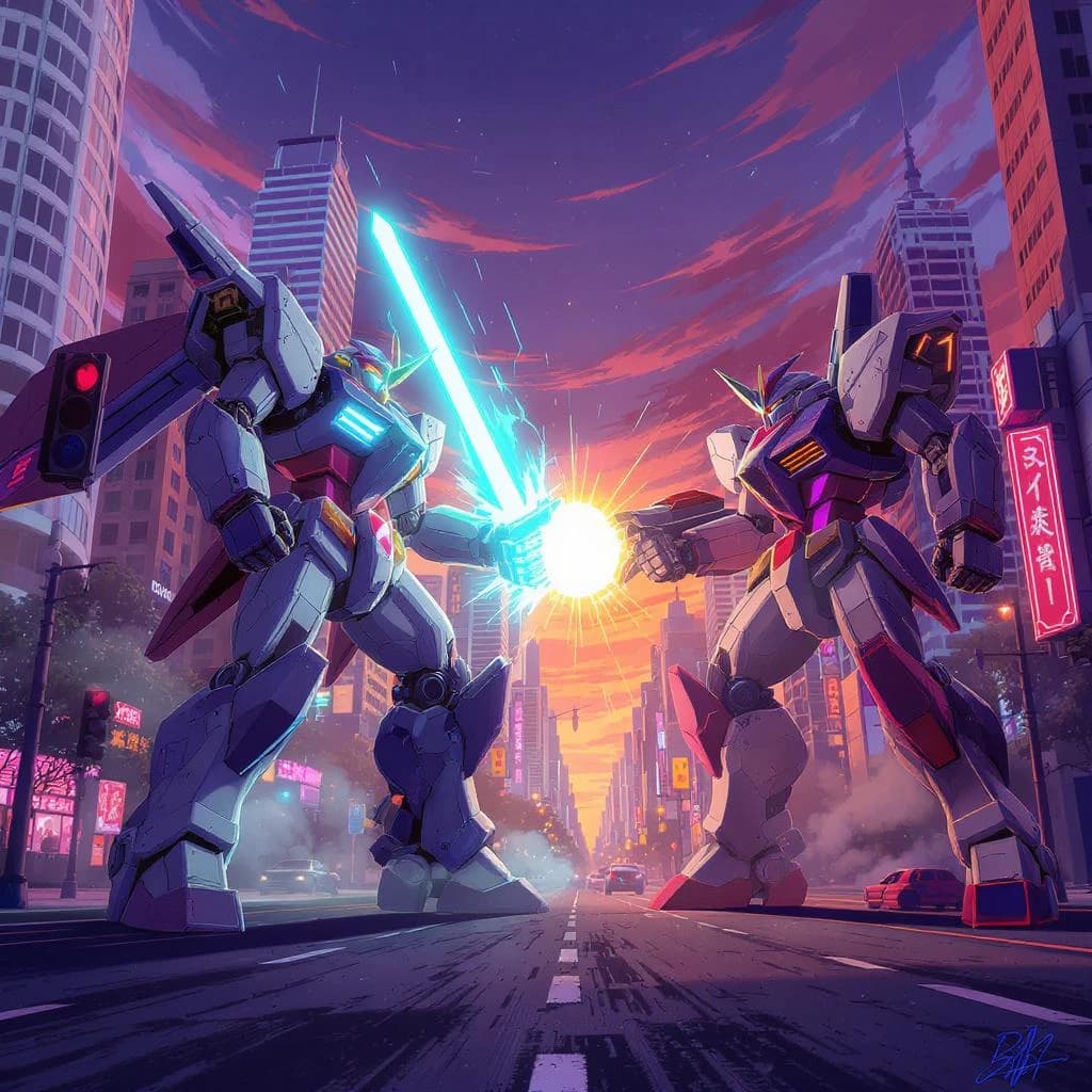 Make a cel-shaded mecha duel at dusk downtown.
