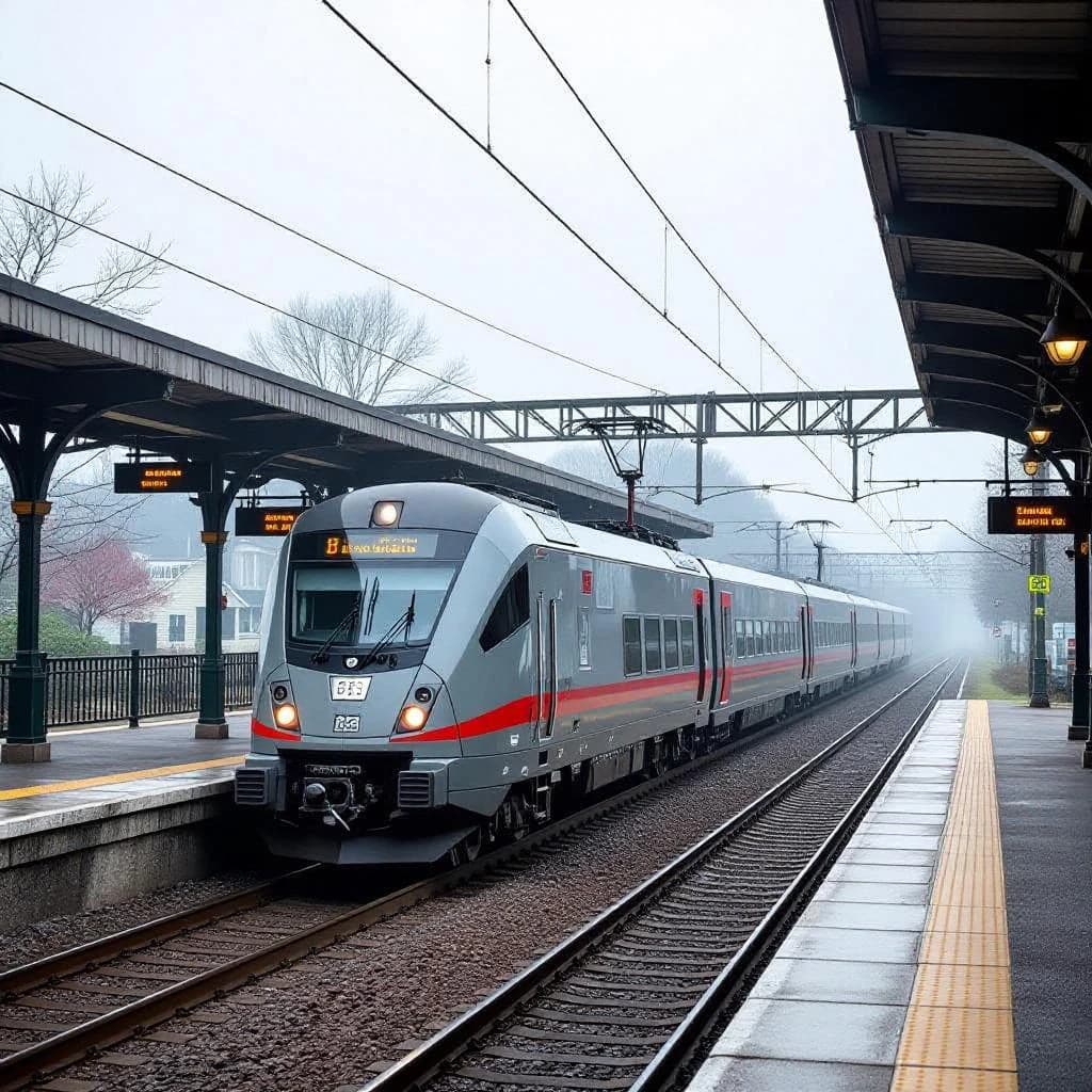 A commuter train enters a foggy little station.