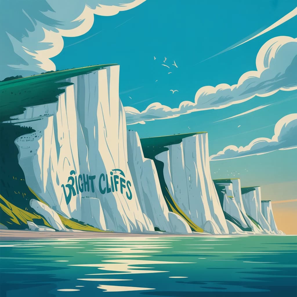 Bright cliffs over teal sea, fat clouds, bold outlines and flat shading.