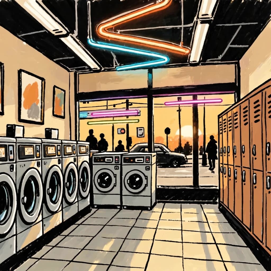 A cozy laundromat at dusk, neon humming, flat colors, bold inked lines.