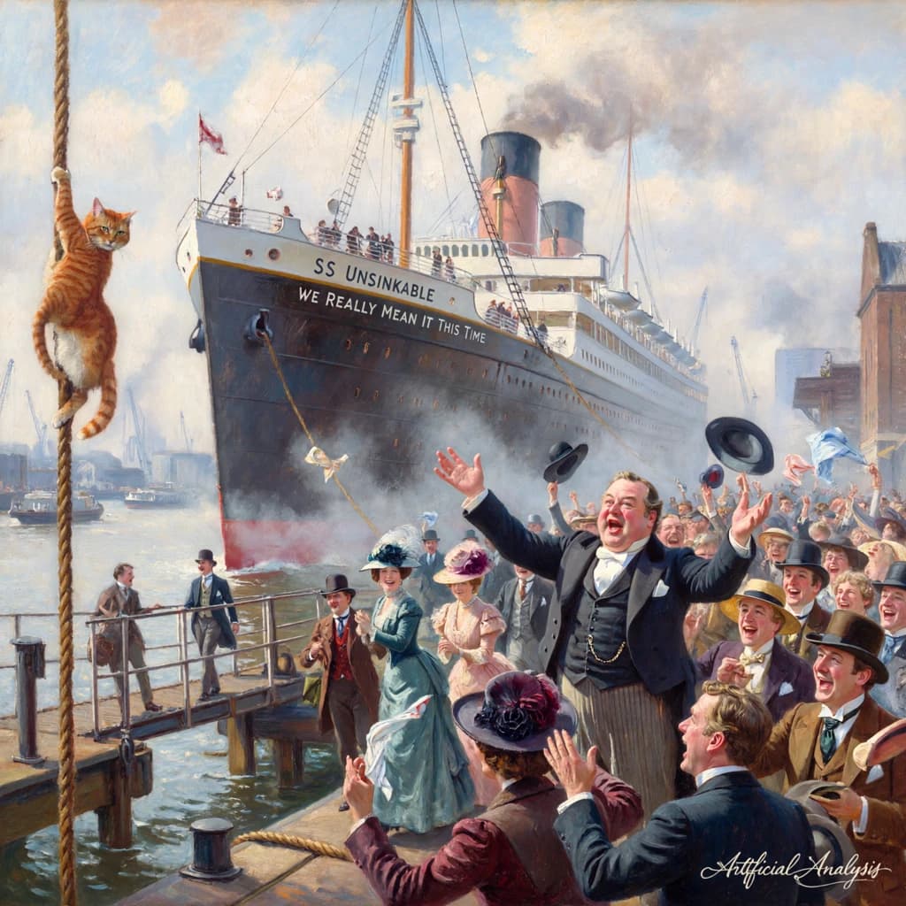 An impressionistic painting of the mighty steamer the "SS Unsinkable We Really Mean It This Time" on a cloudy but bright London morning about to set out on her maiden voyage. A jubilant crowd is gathered on the dock around the paunchy mayor who is making a speech, gesticulating wildly with his hands. The gangways are busy with well heeled ladies and gentlemen making their way onto the ship. A cheeky cat hangs over the water, clinging to the mooring rope after an ill-fated attempt to climb up. The artist has signed his name "Artificial Analysis" in the bottom corner