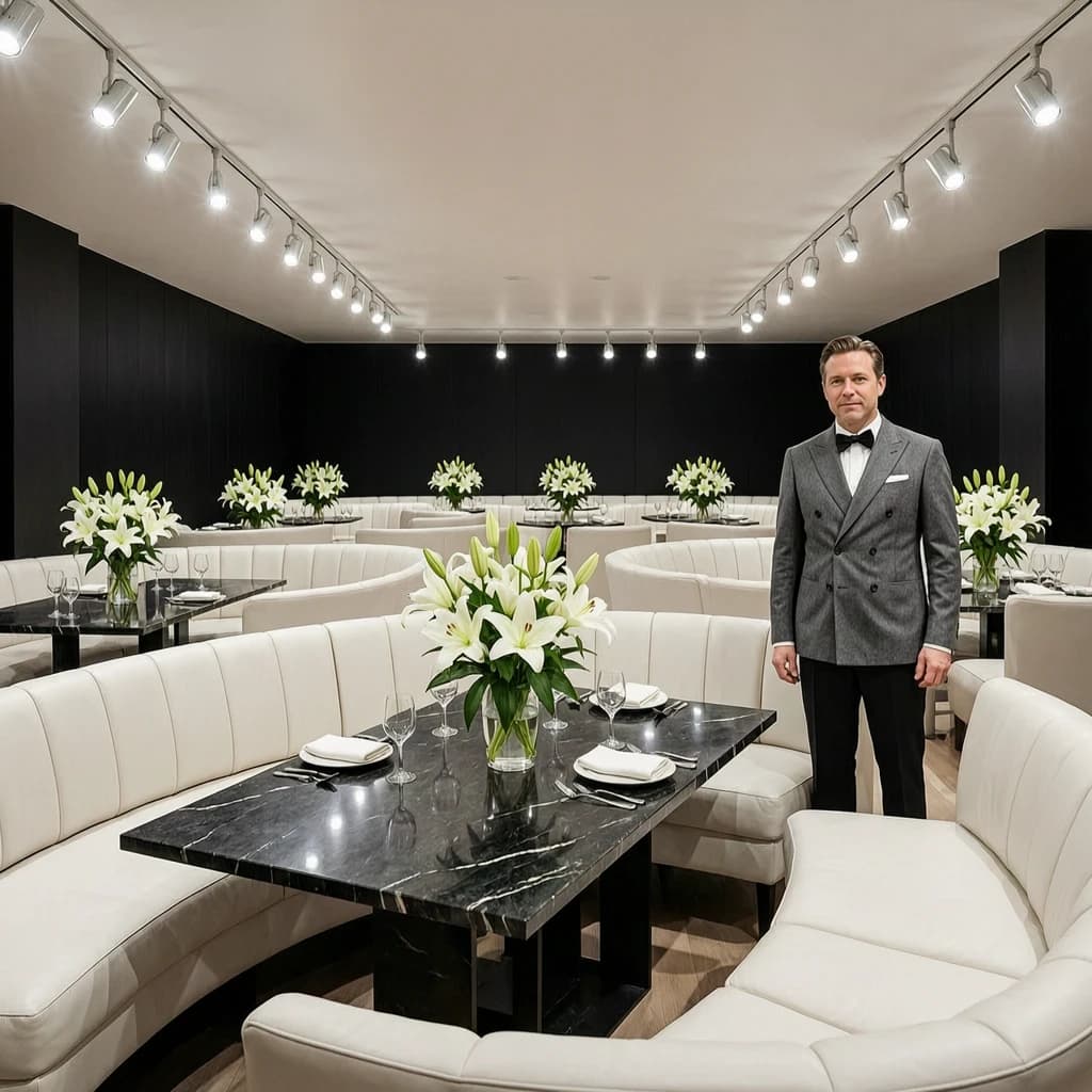 The place is almost empty. The banquettes are covered in white leather, the tables black granite, and the entire room is bathed in halogen track lighting that seems too bright. The maître d’ wears a double-breasted wool crepe jacket. There are lilies on every table.