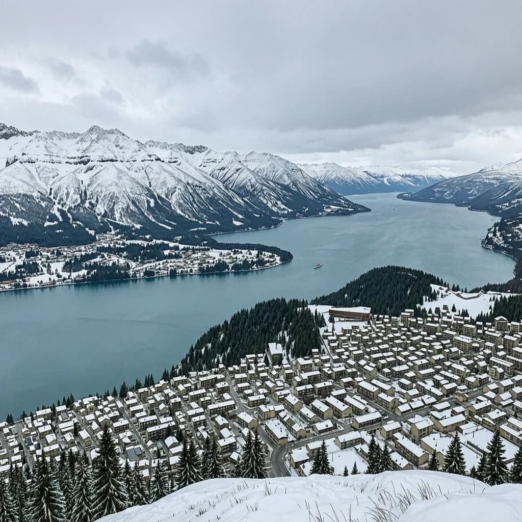 Queenstown's Lake Wakatipu, viewed from the top of Queenstown Hill after a snowstorm just dusted the top of Cecil's Peak