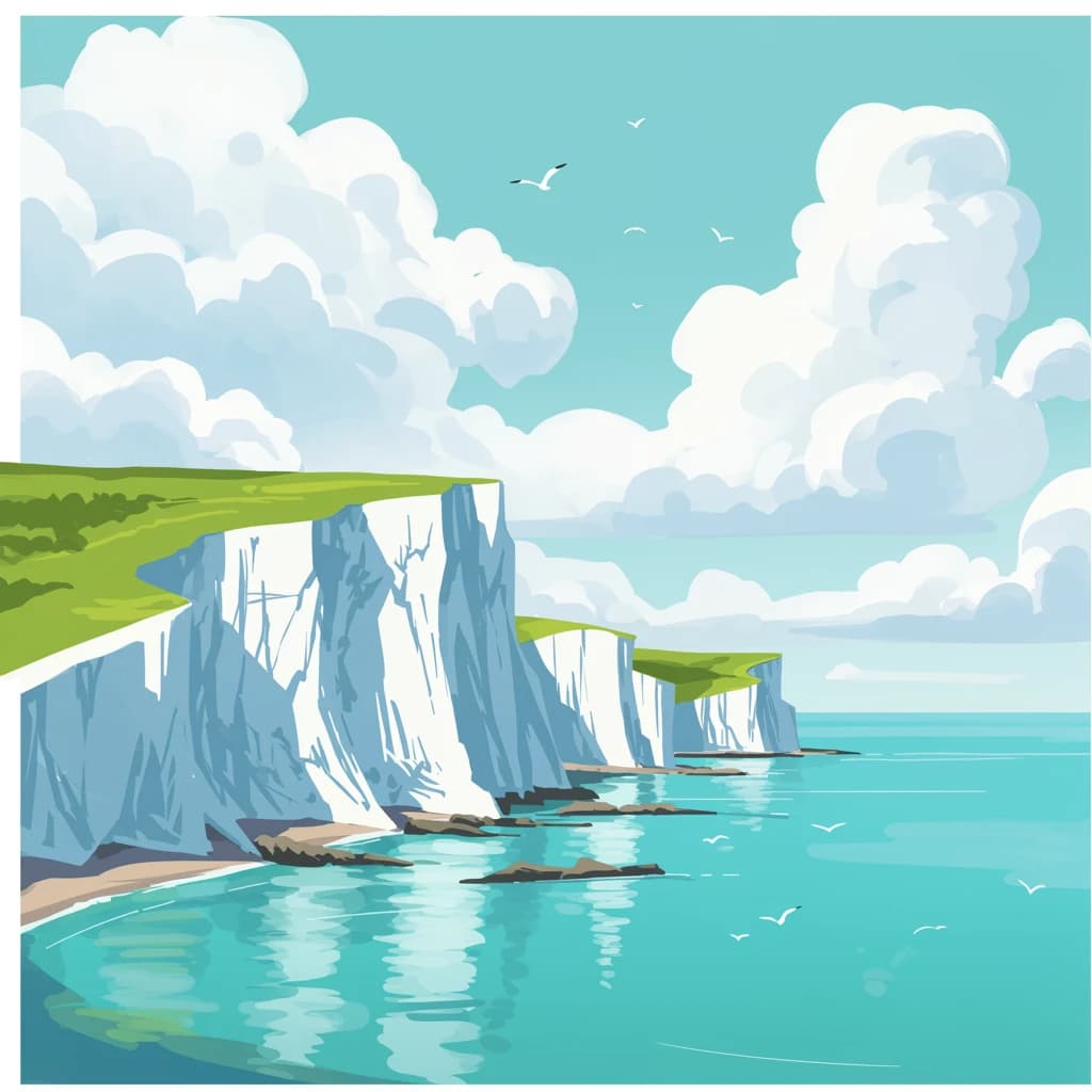 Bright cliffs over teal sea, fat clouds, bold outlines and flat shading.