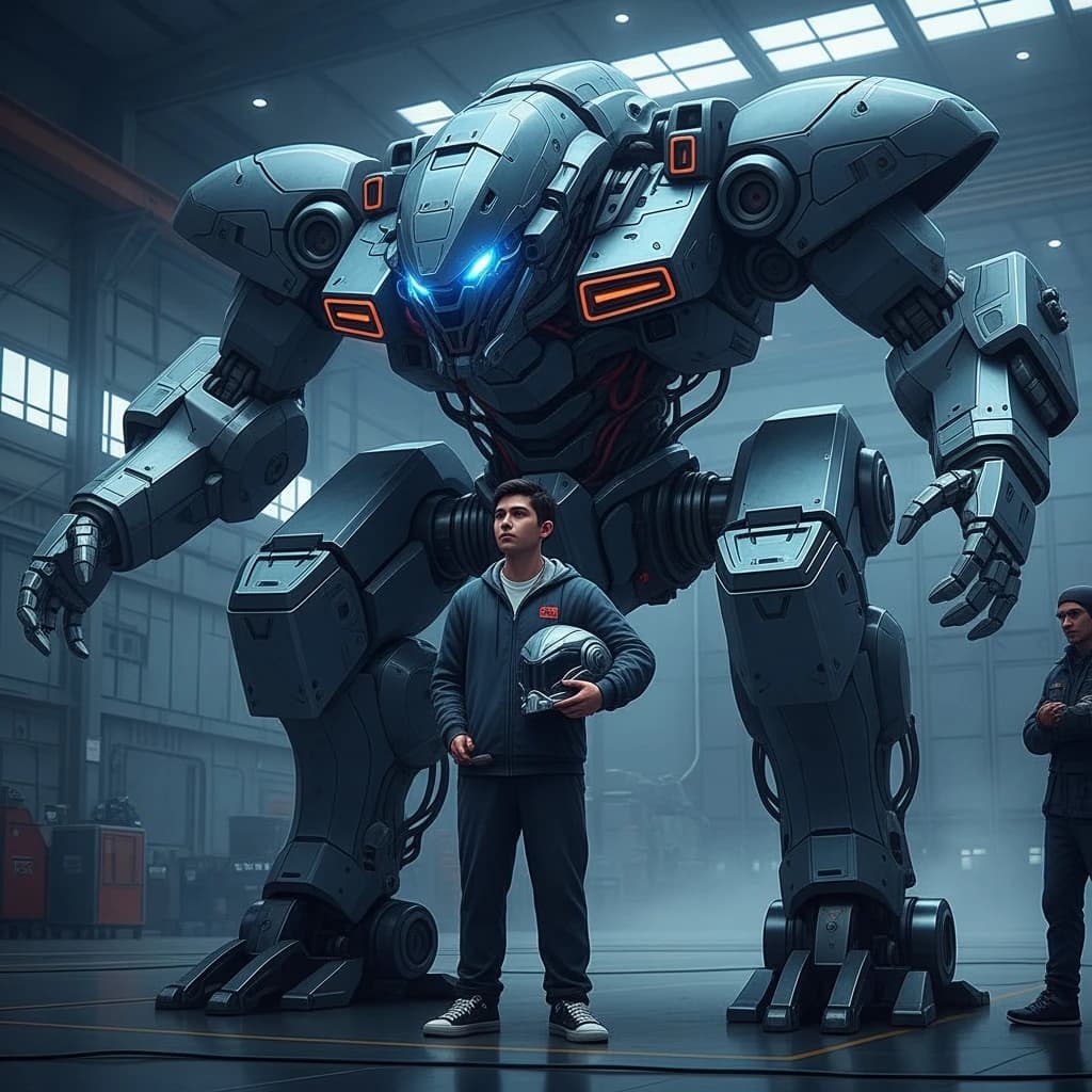 A teenage pilot grips his helmet under one arm, standing at the edge of a glowing hangar bay. Before him looms a sleek, steel-blue mech, its eyes lit with a cold electric glare. His school uniform is rumpled, a sharp contrast to the machine’s flawless plating. The vast scale engulfs him in shadow, emphasizing both awe and dread. Hand-drawn anime style.