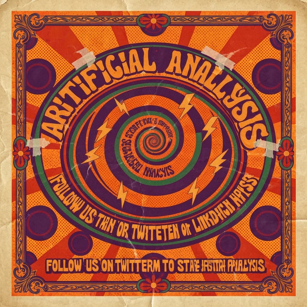 A portrait layout psychedelic concert poster from 1972 bathed in saturated oranges, deep purples, and acid greens. Swirling, hand-drawn typography arcs across the top, spelling out Artificial Analysis in bold, distorted letters that melt into spirals. Surrounded by radiating concentric circles and lightning-bolt motifs. The background is textured with halftone dots and faded paper creases, evoking a well-worn poster taped to a brick wall. Ornate floral borders frame the design, while the bottom features blocky retro lettering listing “Follow us on Twitter or LinkedIn to stay up to date with future analysis” in smaller text. 