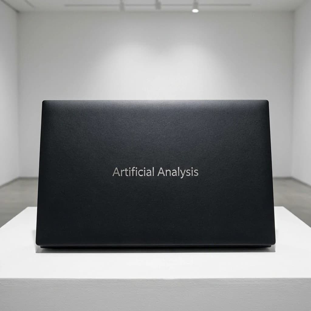 A premium matte black laptop-sized box rests on a pure white pedestal within a gallery space. Overhead, a single spotlight carves sharp contrast, leaving the edges in deep shadow. The brand name Artificial Analysis is embossed in silver foil, glinting faintly as though it were jewelry.