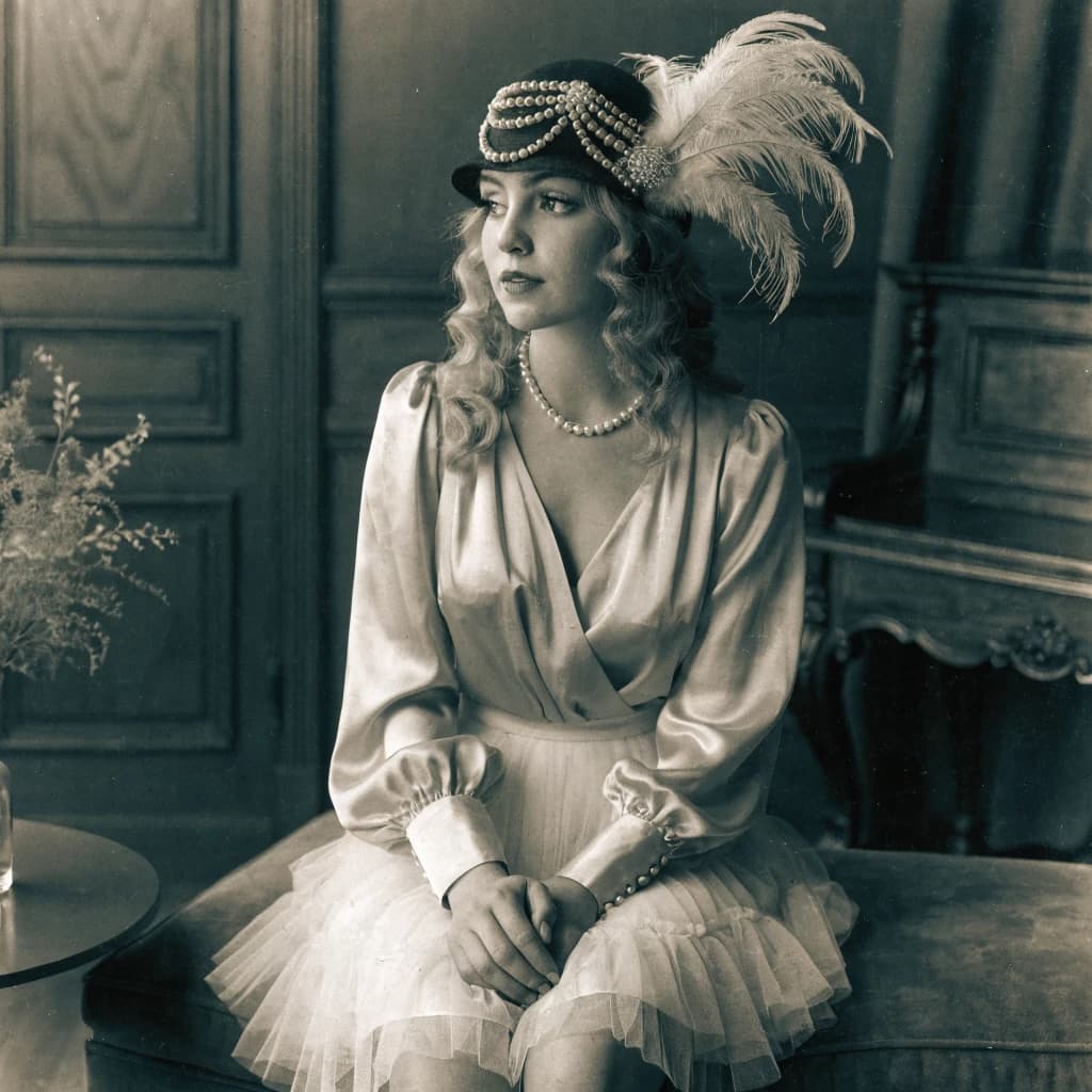 Sepia-toned studio portrait of a flapper with pearl necklace, soft grain.