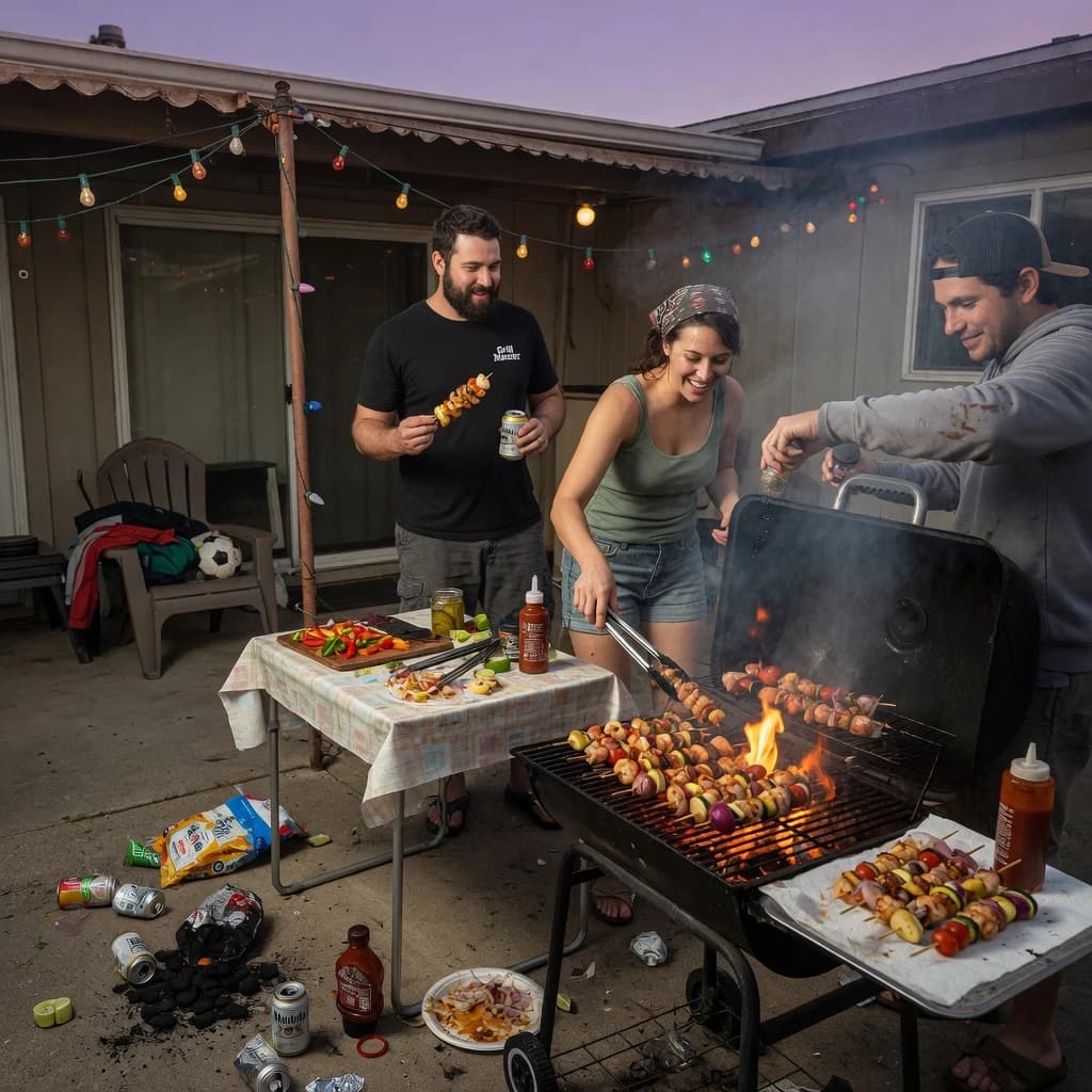 Friends grill skewers on a slightly messy patio.