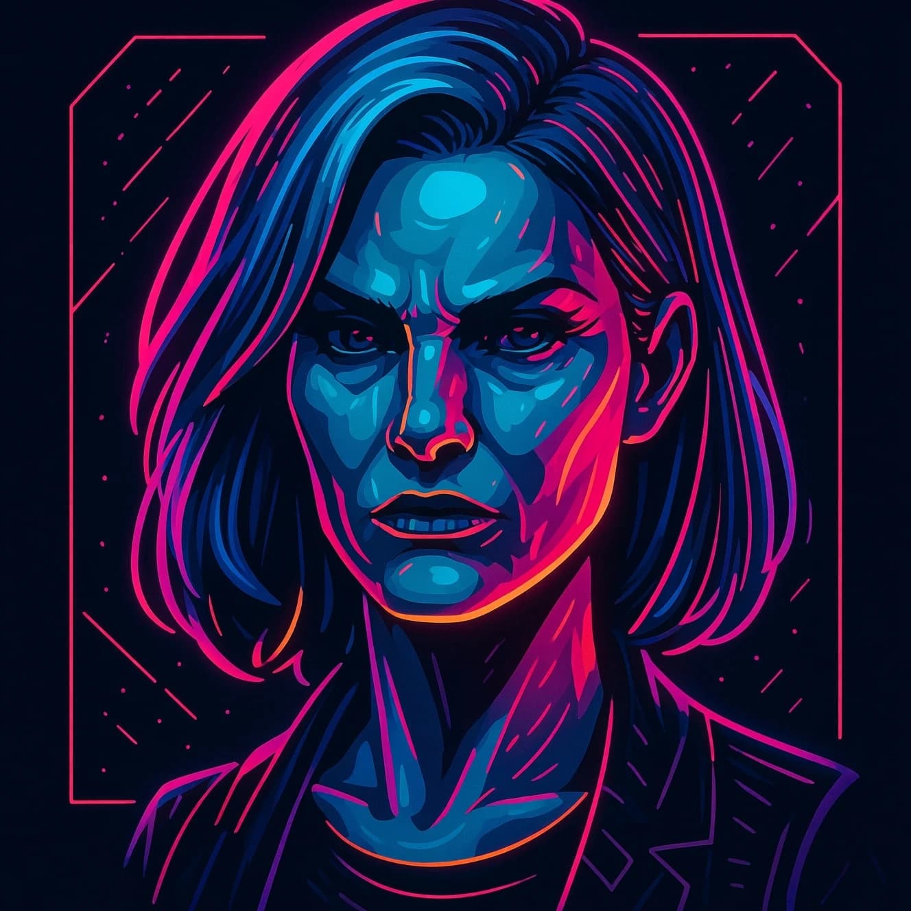 Render a stark 3D portrait of a stern woman, neon accents and vector overlays.