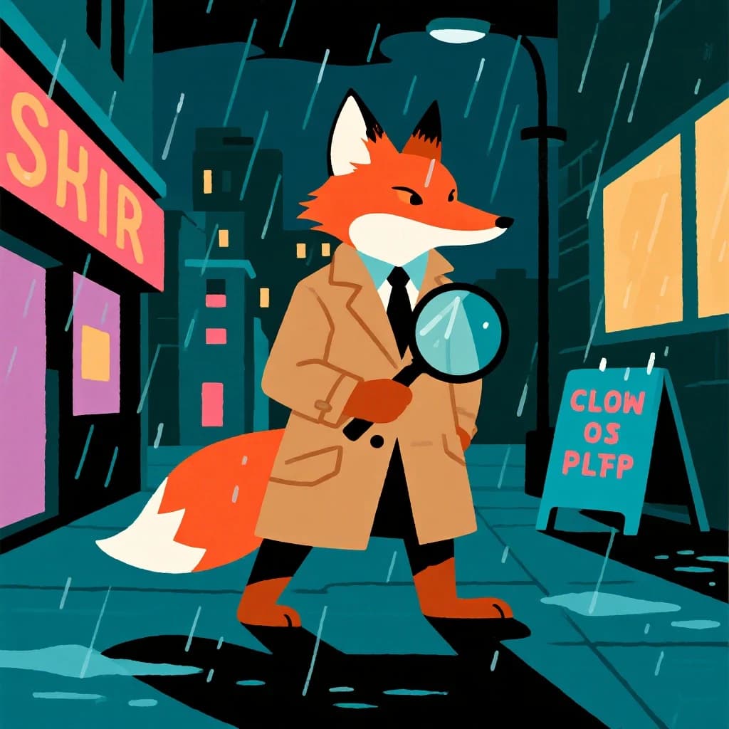 A fox detective stands in a rainy neon alley, bold outlines, flat colors, oversized magnifying glass; a bit moody, puddles reflect signs, raindrops like small dashes.