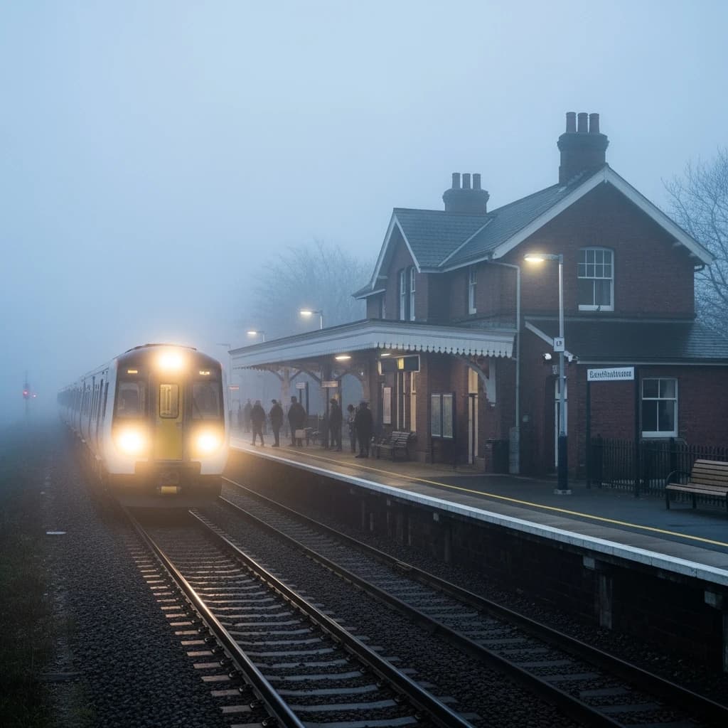 A commuter train enters a foggy little station.