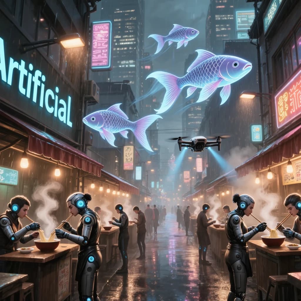 A neon alley in Neo-Tokyo 2142 drips with rain Cybernetic patrons slurp ramen at a stall with their glowing implants humming with blue light. Three giant holographic koi hover 10 metres above the ground and swim across the skyline, one has clipped into a building. A six-prop drone hovers nearby, projecting "Artificial Analysis" onto a wall with blue laser beams visible