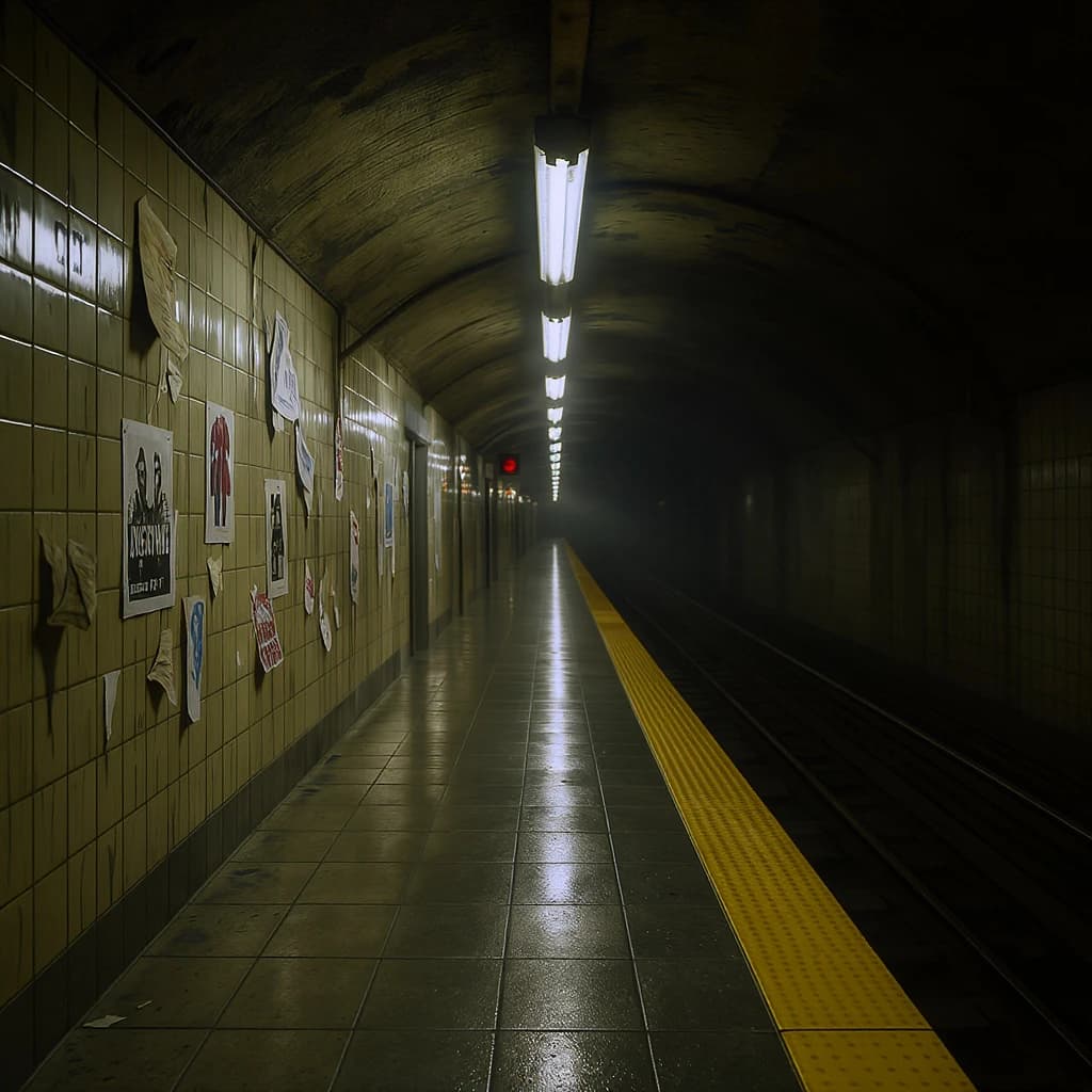 A subterranean subway platform with glossy tiles, peeling posters, flickering fluorescent lights, yellow safety line, and a distant train coming; slightly damp, echoes carry.