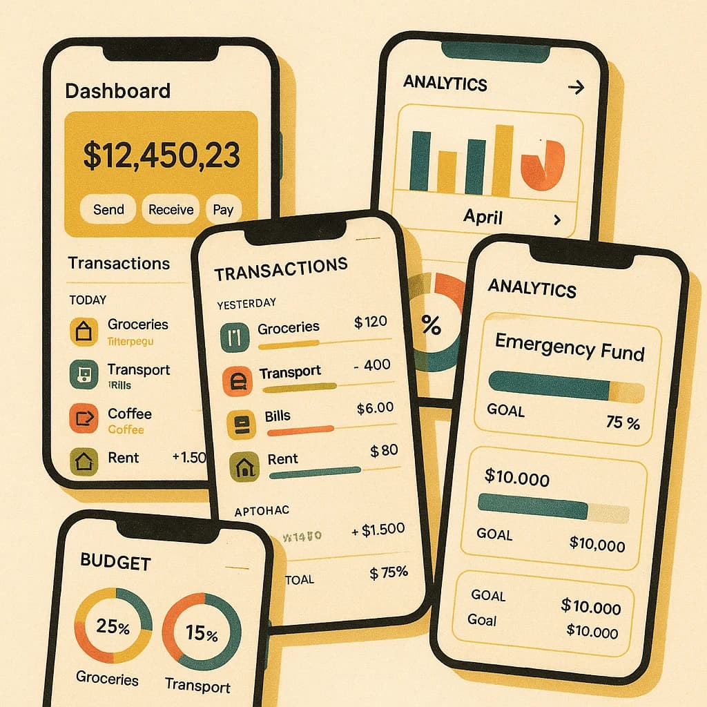 Make mobile finance app screens with mid-century palette, halftone, paper grain.