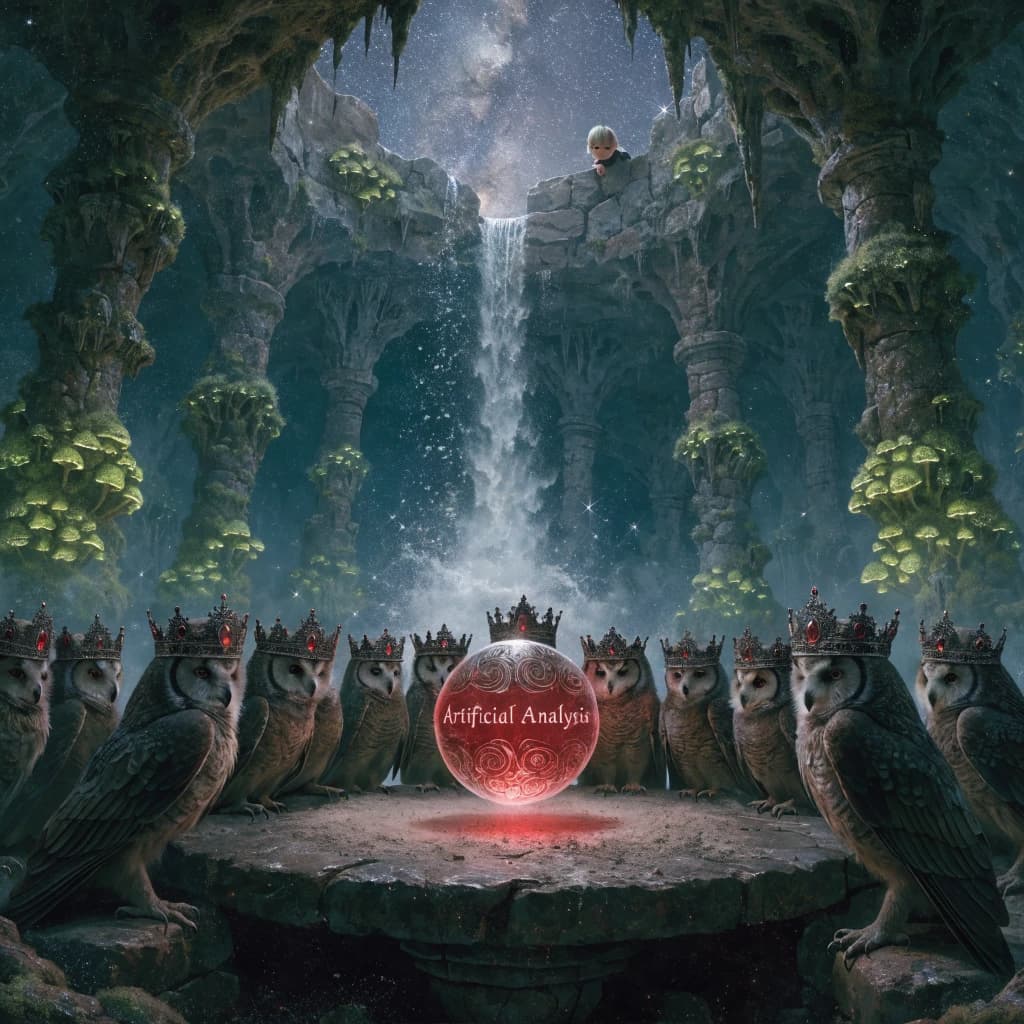 In a cavern lined with bioluminescent fungi glowing lime green, the council of owls wear jeweled crowns that glimmer with rubies, their wings folded behind their backs. Dust coats the stone table, a glowing orb inscribed with “Artificial Analysis” hovers above the table illuminating the owls with its red pulsating light. Behind them, a waterfall falls upward into a ceiling that opens onto stars - a child looks down in wonder from above at what he has stumbled across.