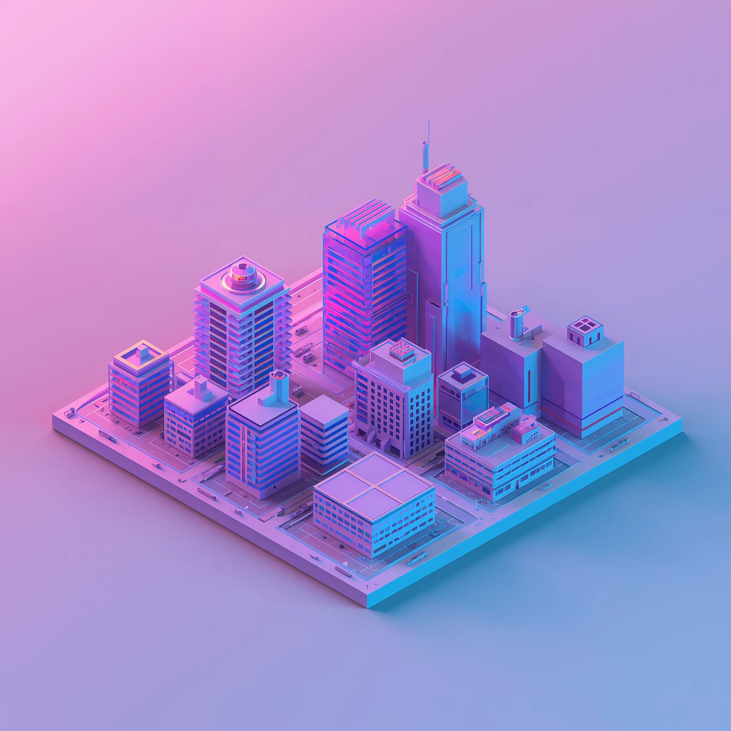 Render an isometric city poster with geometric buildings, neon gradients, gloss highlights, soft AO shadows, clean sans-serif lettering, grid layout, reflections a bit overexposed.