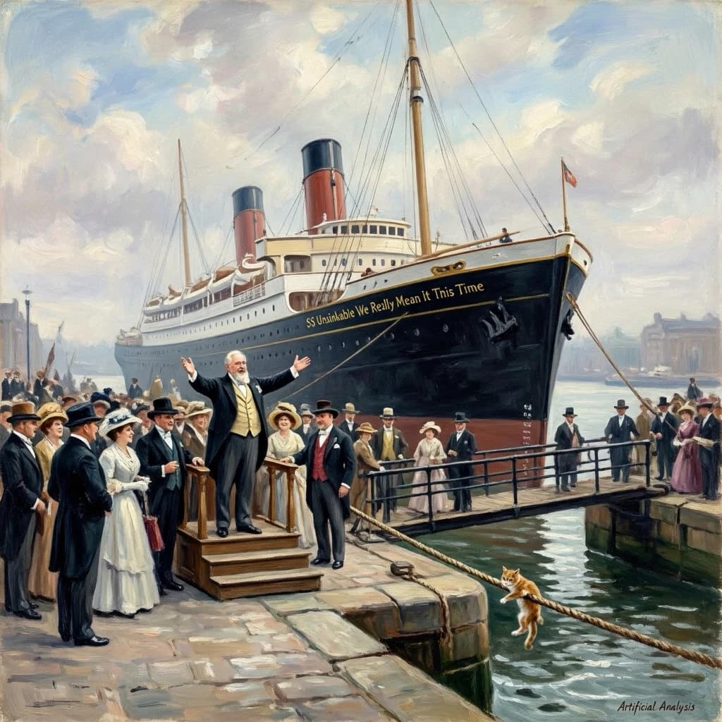 An impressionistic painting of the mighty steamer the "SS Unsinkable We Really Mean It This Time" on a cloudy but bright London morning about to set out on her maiden voyage. A jubilant crowd is gathered on the dock around the paunchy mayor who is making a speech, gesticulating wildly with his hands. The gangways are busy with well heeled ladies and gentlemen making their way onto the ship. A cheeky cat hangs over the water, clinging to the mooring rope after an ill-fated attempt to climb up. The artist has signed his name "Artificial Analysis" in the bottom corner