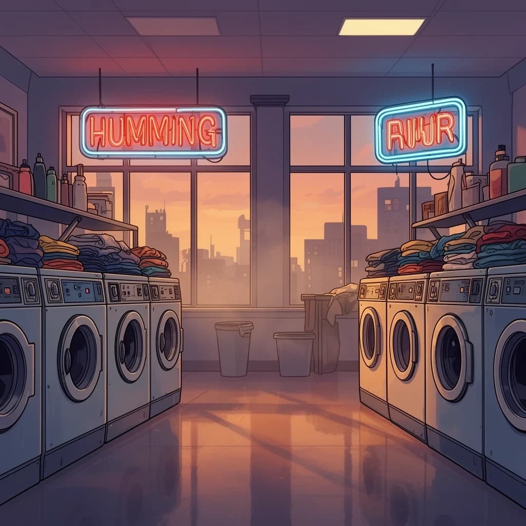 A cozy laundromat at dusk, neon humming, flat colors, bold inked lines.