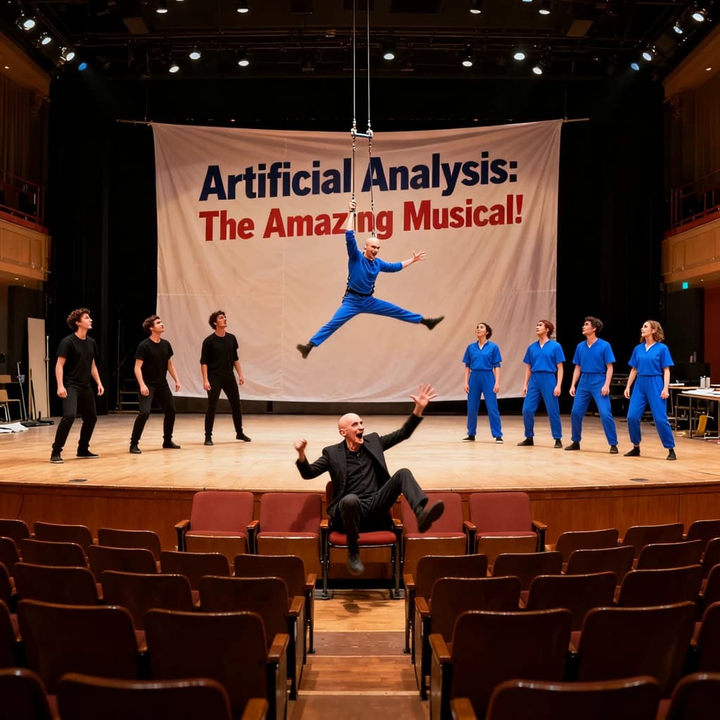 The musical troupe do a rehearsal in a large, empty theatre. 9 people are on the stage, half wear black and the others wear blue. The skinny bald director, seated in the second row, is practically leaping out of their seat with excitement as the leads nail their aerial. A giant banner reading "Artificial Analysis: The Amazing Musical!" is behind the actors.