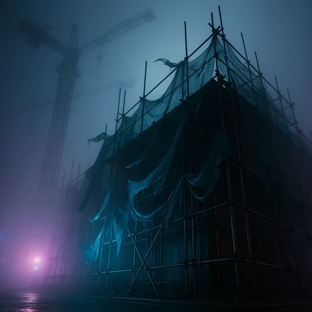 A construction site stretched upward into fog, cranes frozen in silhouette. Wind rattled scaffolding draped with torn mesh that glowed faintly from nearby billboards