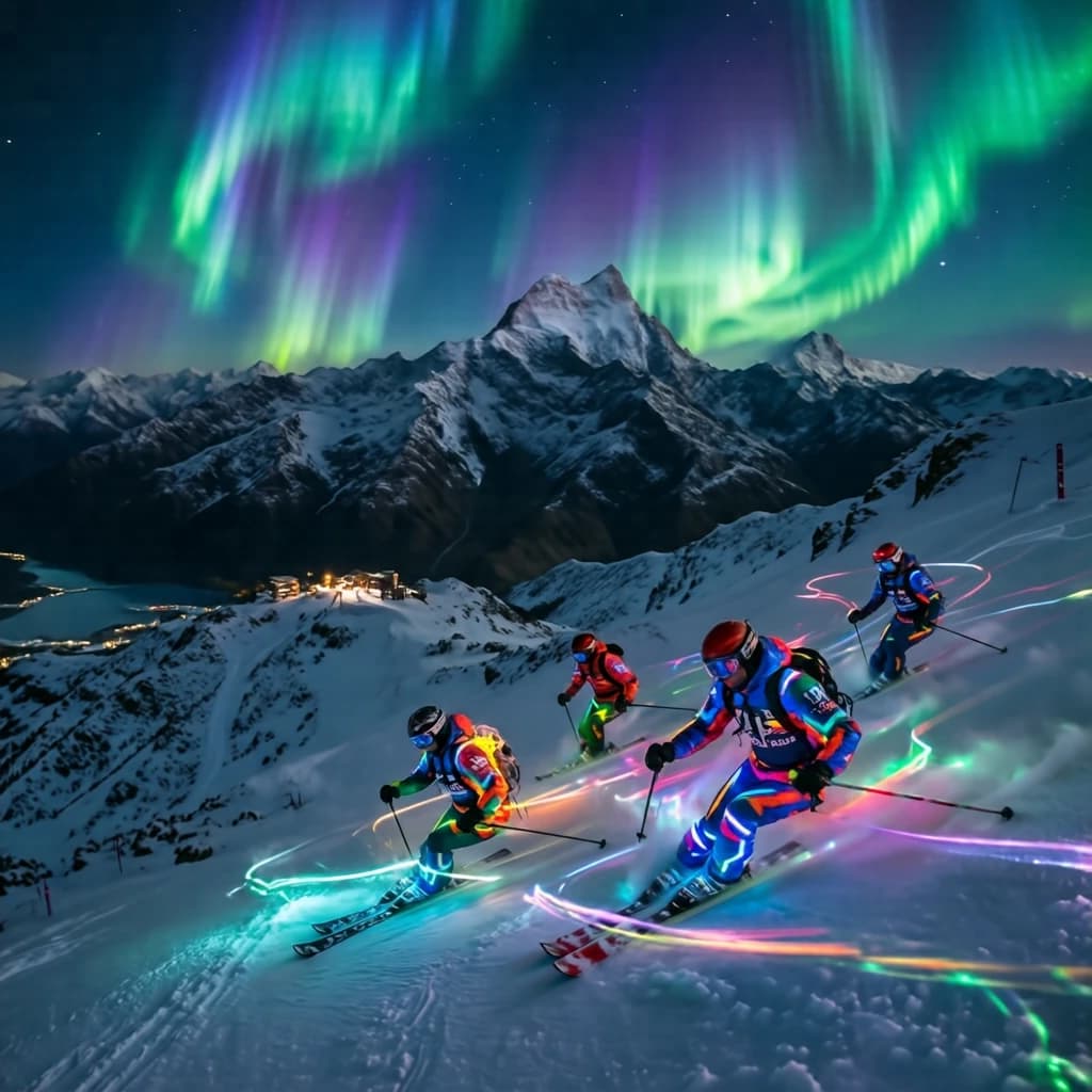 Coronet Peak Night Skiing: Skiers in colorful LED suits carve their way down the slopes of New Zealand's Coronet Peak under the Aurora Borealis, the skiers' light trails visible behind them