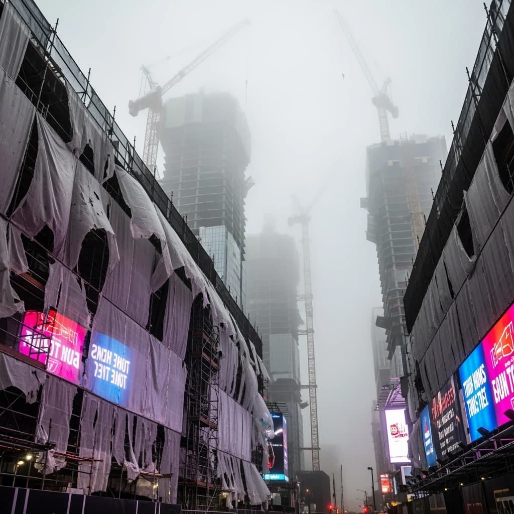 A construction site stretched upward into fog, cranes frozen in silhouette. Wind rattled scaffolding draped with torn mesh that glowed faintly from nearby billboards