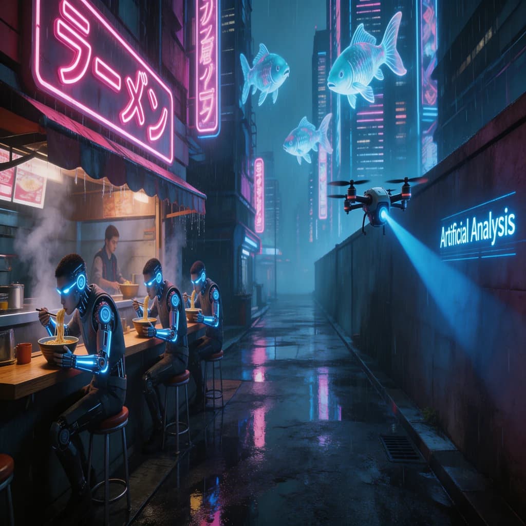 A neon alley in Neo-Tokyo 2142 drips with rain Cybernetic patrons slurp ramen at a stall with their glowing implants humming with blue light. Three giant holographic koi hover 10 metres above the ground and swim across the skyline, one has clipped into a building. A six-prop drone hovers nearby, projecting "Artificial Analysis" onto a wall with blue laser beams visible